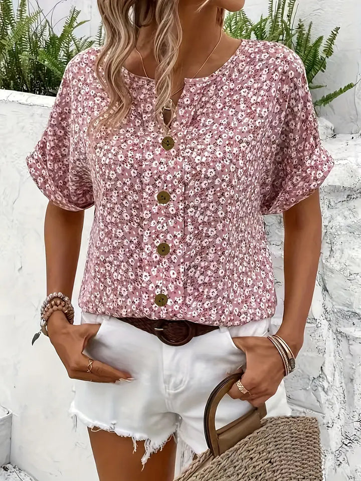 Nanna | Dame Sommer Kortærmet Blusetop med Knapper - Freya Kobenhavn