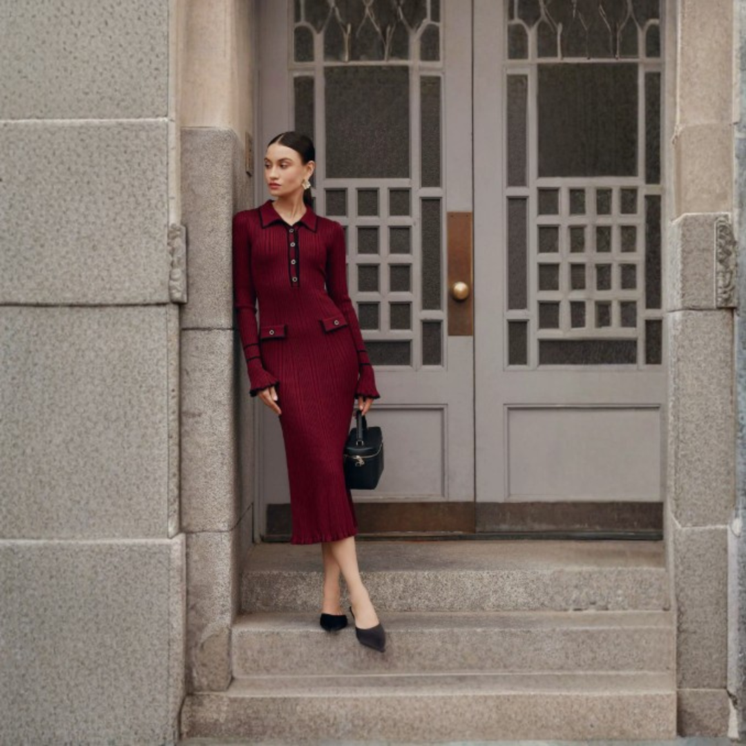 Jeanette | Dame Ribbet Knap Front Strik Midikjole - Freya Kobenhavn