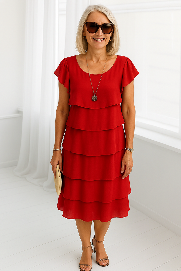 Norina | Kvinders Lagdelt Midi Kjole med Korte Ærmer - Freya Kobenhavn