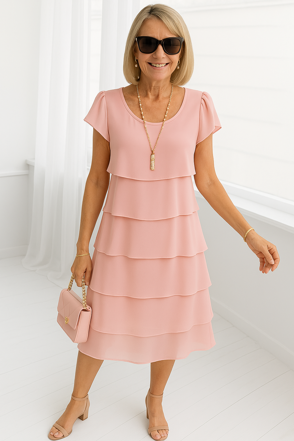 Norina | Kvinders Lagdelt Midi Kjole med Korte Ærmer - Freya Kobenhavn