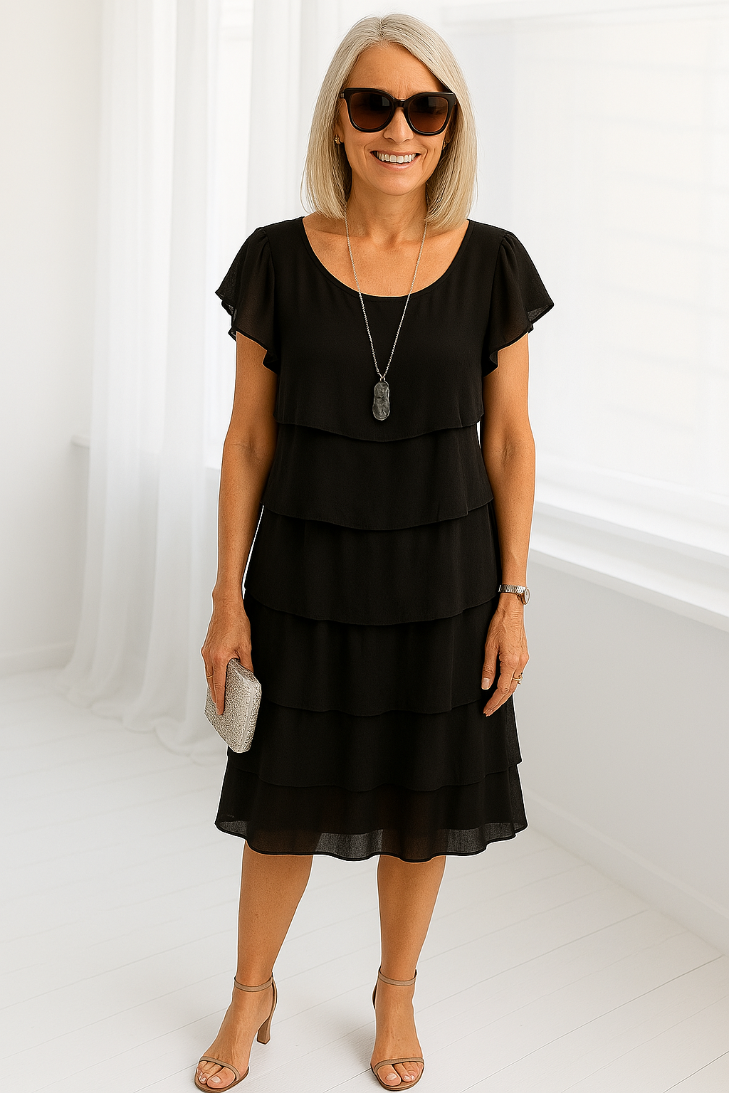 Norina | Kvinders Lagdelt Midi Kjole med Korte Ærmer - Freya Kobenhavn