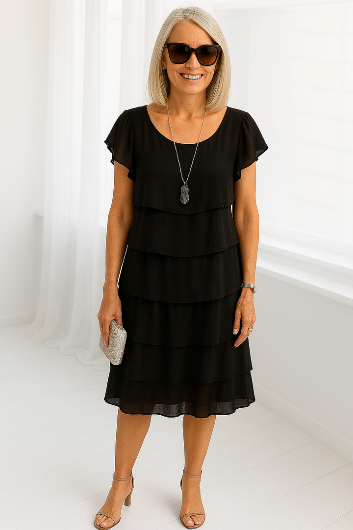 Norina | Kvinders Lagdelt Midi Kjole med Korte Ærmer - Freya Kobenhavn