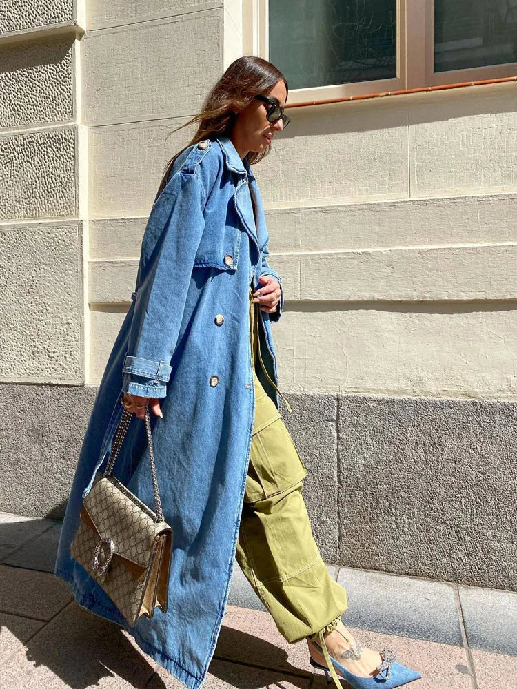 Henriette | Kvinders Lange Dobbeltradet Denim Trenchcoat - Freya Kobenhavn