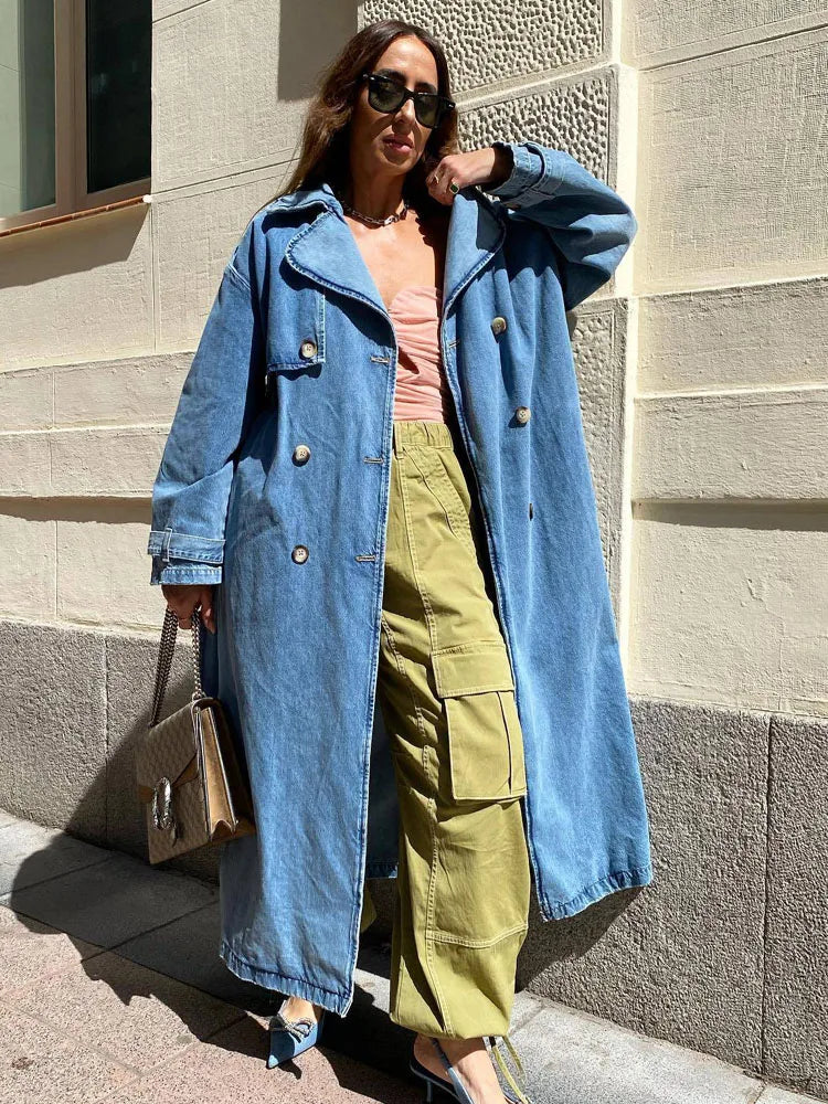 Henriette | Kvinders Lange Dobbeltradet Denim Trenchcoat - Freya Kobenhavn
