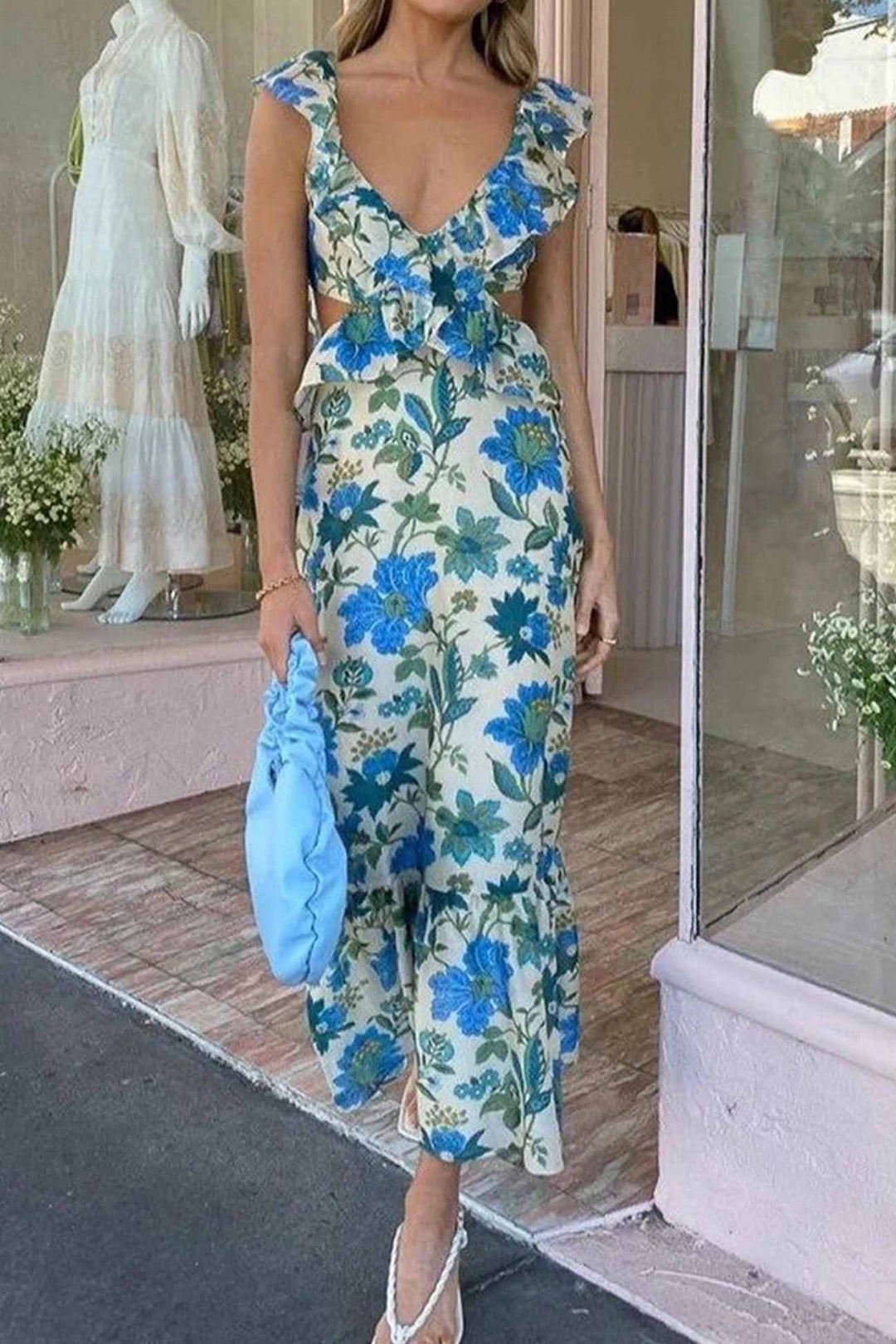 Charlotte | Blomstret Elegant Maxi Kjole Med Flæser