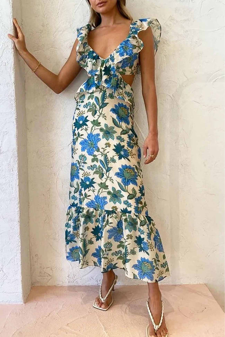 Charlotte | Blomstret Elegant Maxi Kjole Med Flæser
