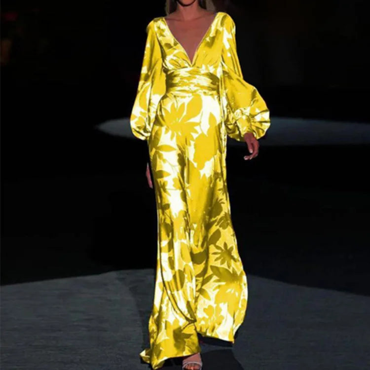 Emilie | Dame Maxi Kjole med Dyb V-Hals og Print - Freya Kobenhavn