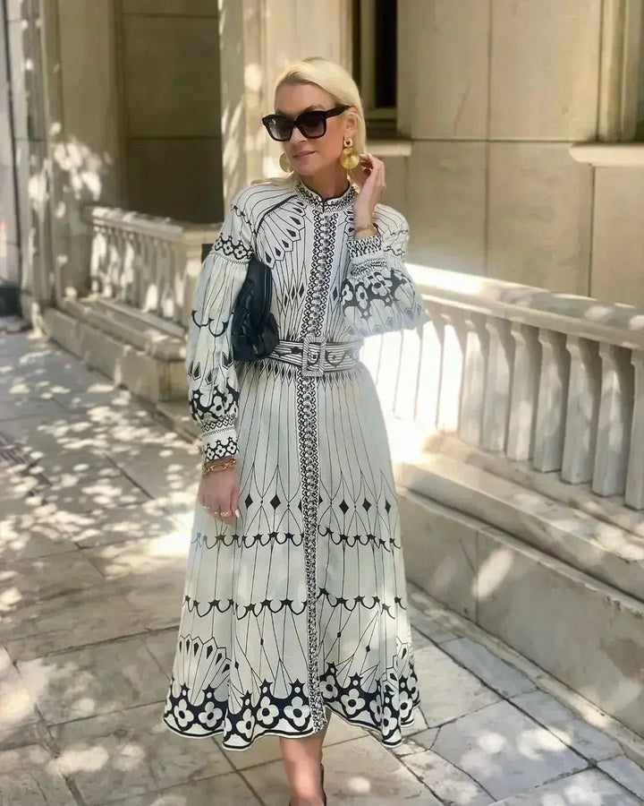 A-Line Kjole Lang Ærme Vintage Print Elegante - Beige