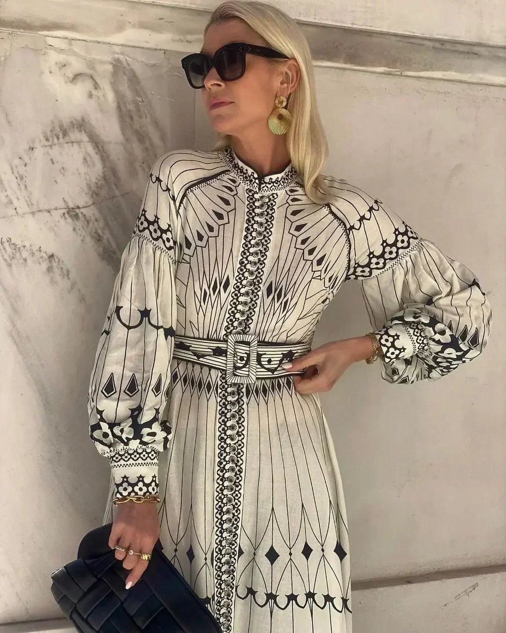 A-Line Kjole Lang Ærme Vintage Print Elegante