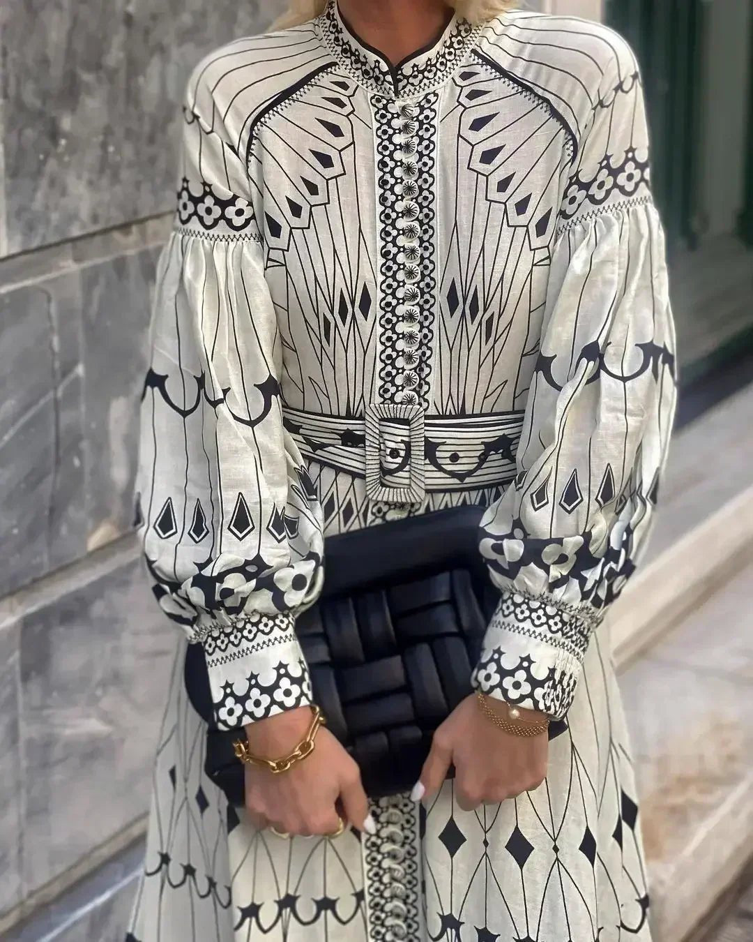 A-Line Kjole Lang Ærme Vintage Print Elegante