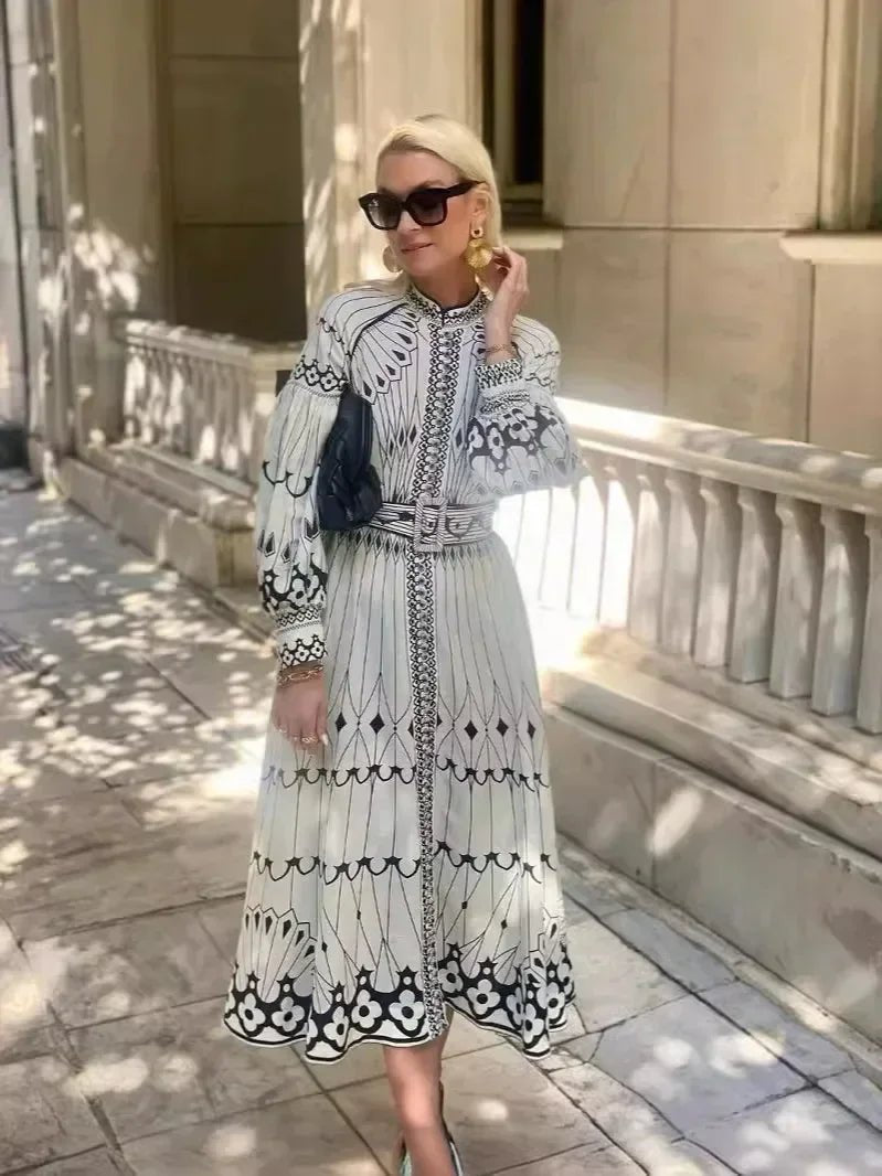 A-Line Kjole Lang Ærme Vintage Print Elegante