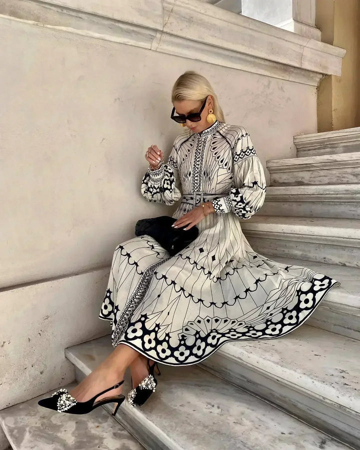 A-Line Kjole Lang Ærme Vintage Print Elegante