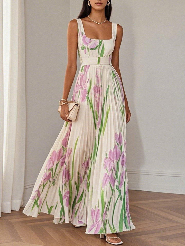 A-Line Maxi Kjole Plisseret Blomsterprint Firkantet - White