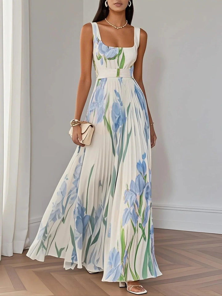 A-Line Maxi Kjole Plisseret Blomsterprint Firkantet - Light Blue