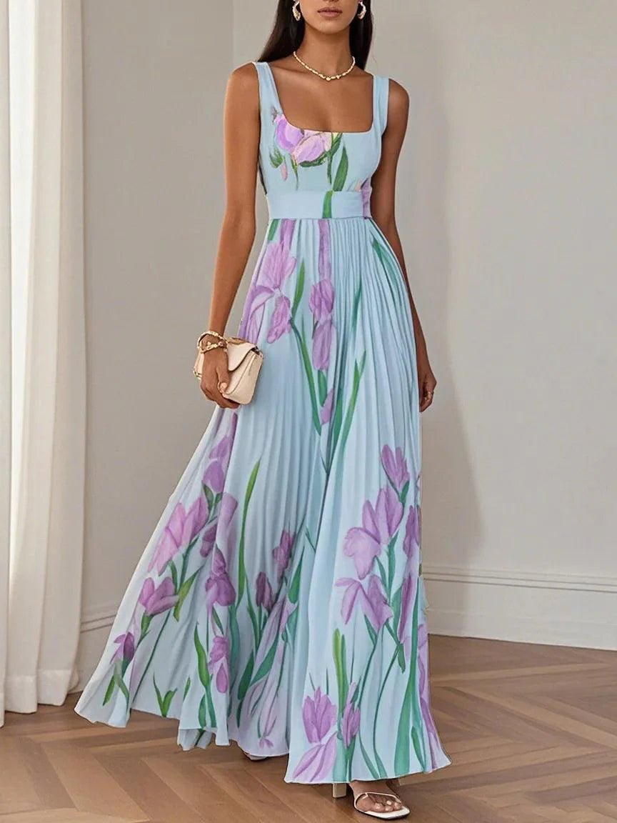 A-Line Maxi Kjole Plisseret Blomsterprint Firkantet - Blue