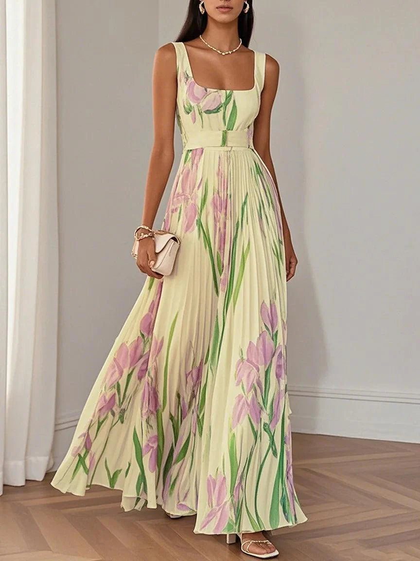 A-Line Maxi Kjole Plisseret Blomsterprint Firkantet - Yellow
