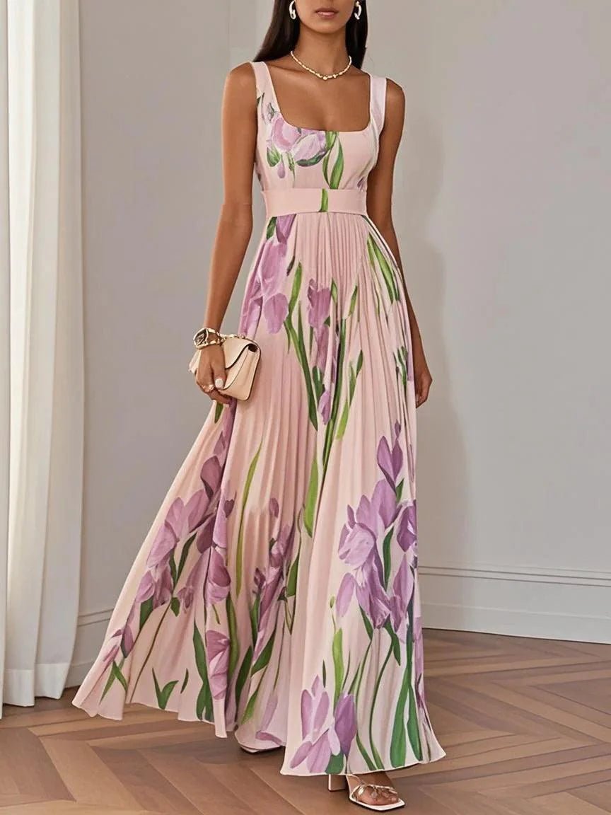 A-Line Maxi Kjole Plisseret Blomsterprint Firkantet - Pink