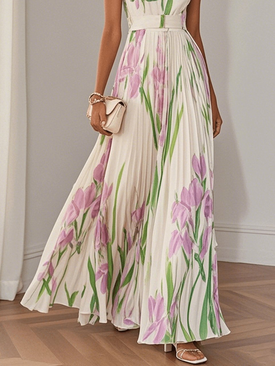A-Line Maxi Kjole Plisseret Blomsterprint Firkantet