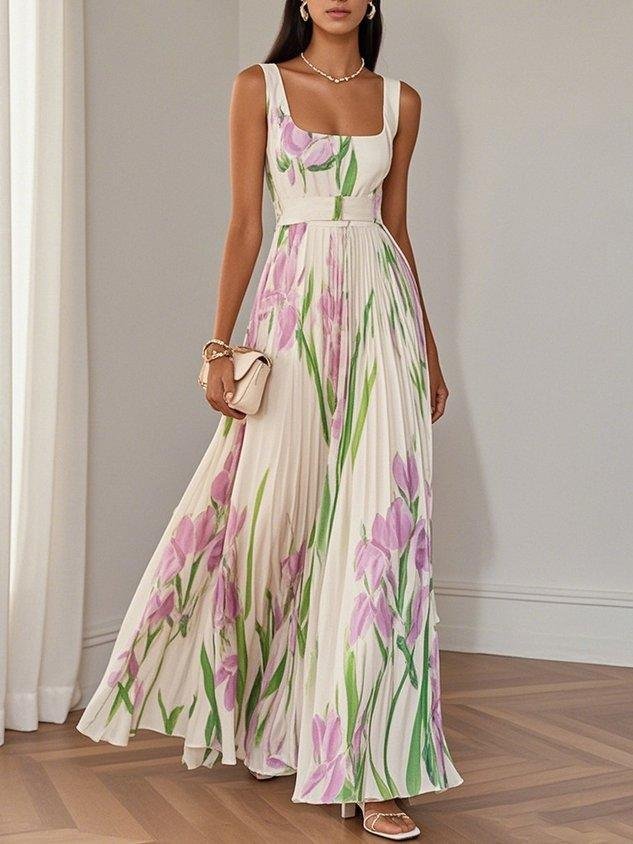 A-Line Maxi Kjole Plisseret Blomsterprint Firkantet