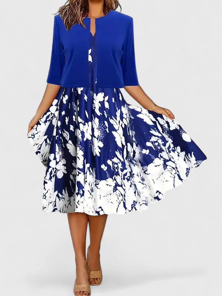 A-Line Midi Kjole Blomsterprint 3/4 Ærmer Lejligheds Kjole - Blue