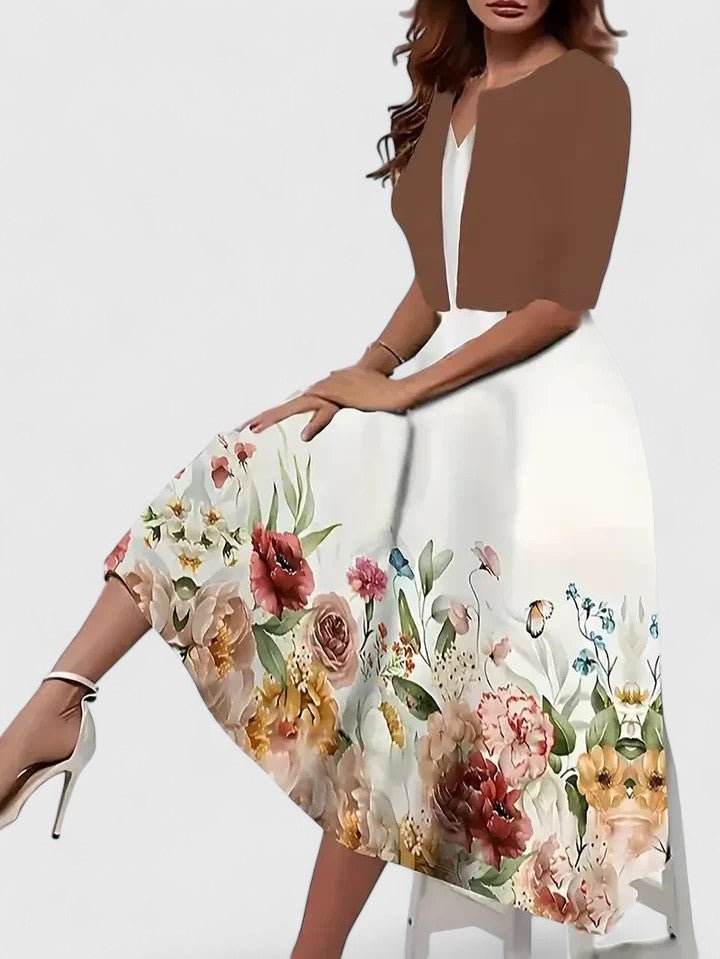 A-Line Midi Kjole Blomsterprint 3/4 Ærmer Lejligheds Kjole - Coffee