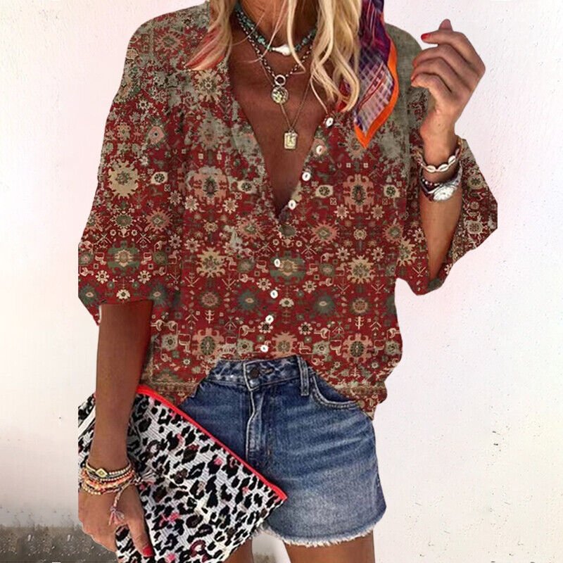 Boho Bluse V-Hals Langærmet Blomsterprint - Brown