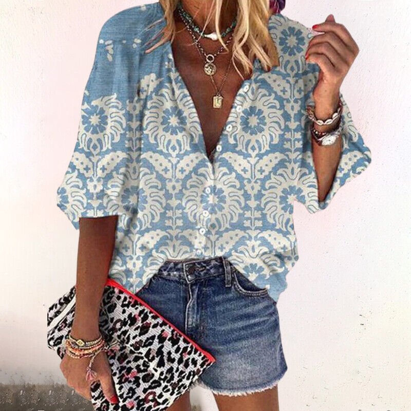 Boho Bluse V-Hals Langærmet Blomsterprint - Blue
