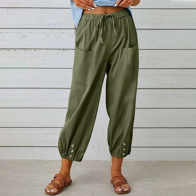 Boho Højtaljede Bukser Afslappet Pasform Bomuldshør - Army Green (Almost sold out)