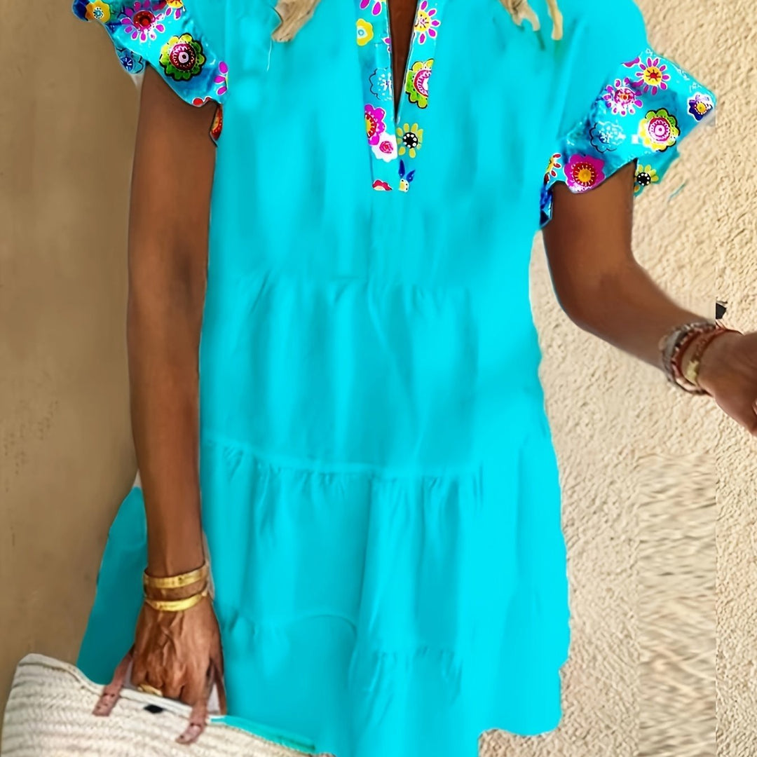 Boho Kjole Blomstret Mønster Løstsiddende Flowy Cocktail - Blue