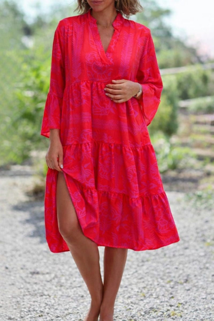 Boho Kjole Løs Pasform V-Hals Lag Sommerklæde - Red