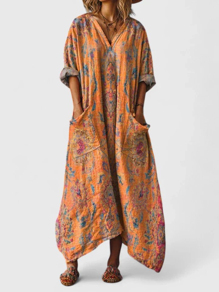 Boho Maxi Kjole Bomull Paisley Print Lommer V-hals - Orange