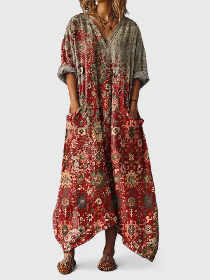 Boho Maxi Kjole Bomull Paisley Print Lommer V-hals - Red