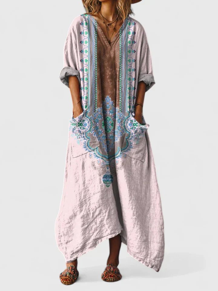 Boho Maxi Kjole Bomull Paisley Print Lommer V-hals - Light Pink