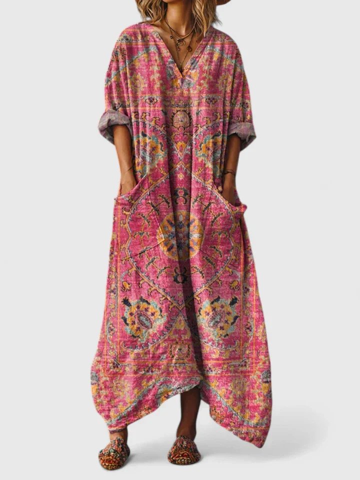 Boho Maxi Kjole Bomull Paisley Print Lommer V-hals - Dark Pink