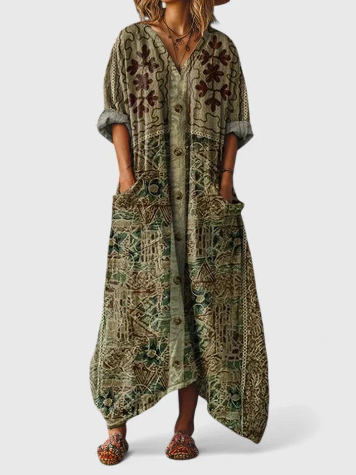 Boho Maxi Kjole Bomull Paisley Print Lommer V-hals - Olive Green