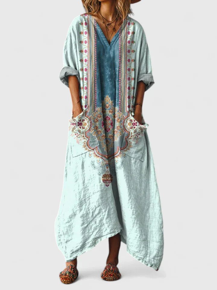Boho Maxi Kjole Bomull Paisley Print Lommer V-hals - Powder Blue