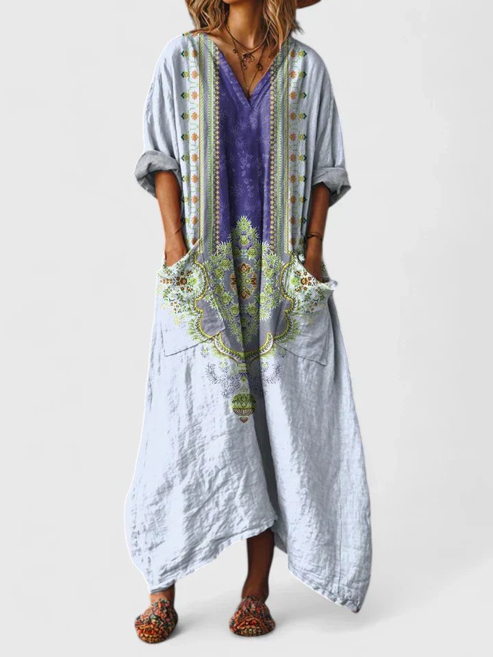 Boho Maxi Kjole Bomull Paisley Print Lommer V-hals - Light Blue