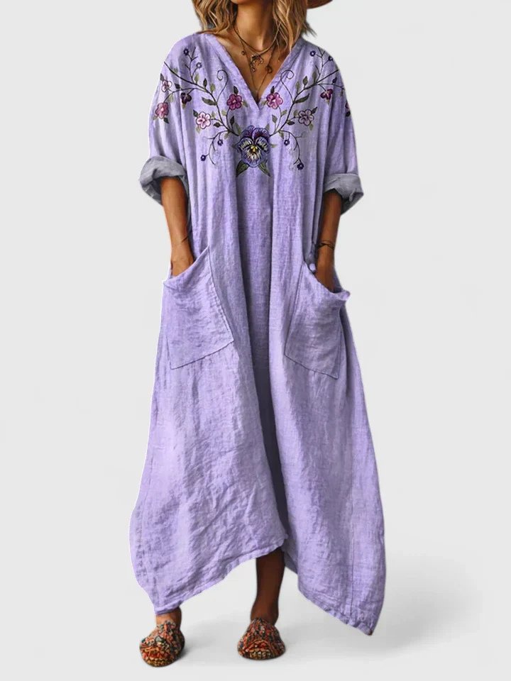 Boho Maxi Kjole Bomull Paisley Print Lommer V-hals - Purple