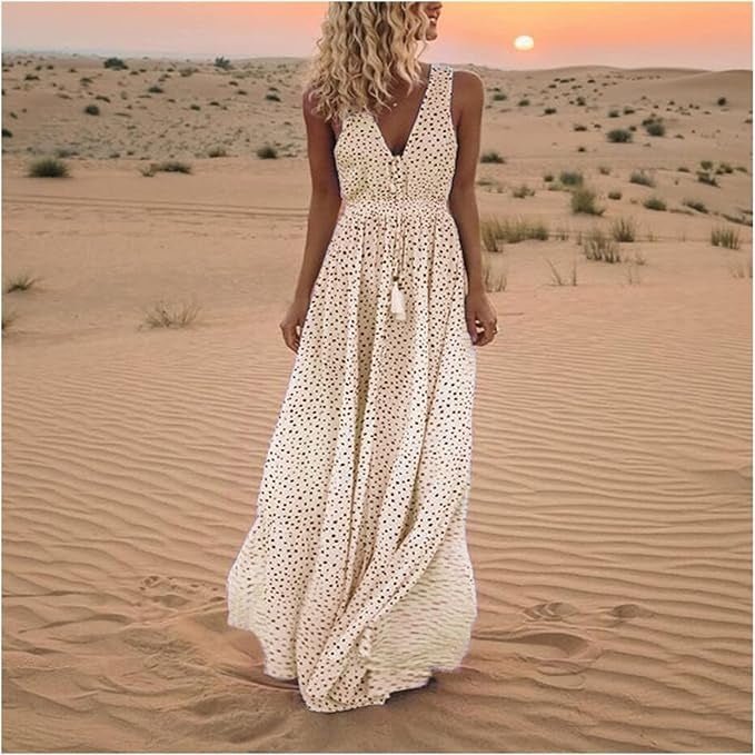 Boho Maxi Kjole Prikket V-Udskæring Løs Sommer - Beige