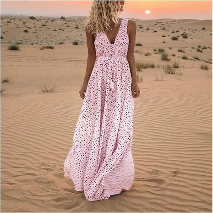 Boho Maxi Kjole Prikket V-Udskæring Løs Sommer - Pink