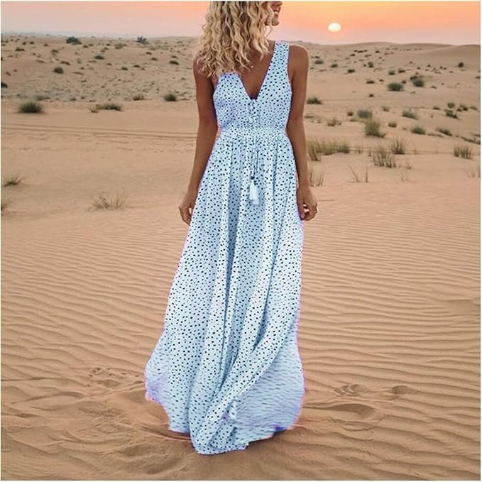 Boho Maxi Kjole Prikket V-Udskæring Løs Sommer - Sky Blue