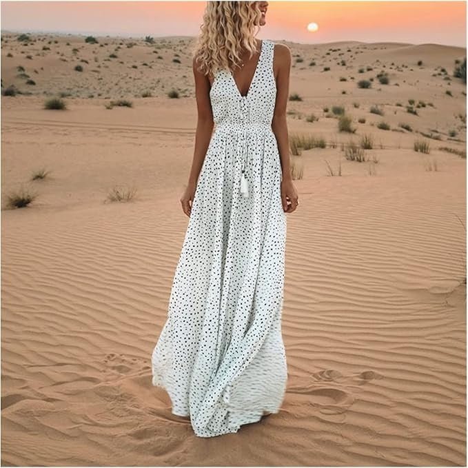 Boho Maxi Kjole Prikket V-Udskæring Løs Sommer - White