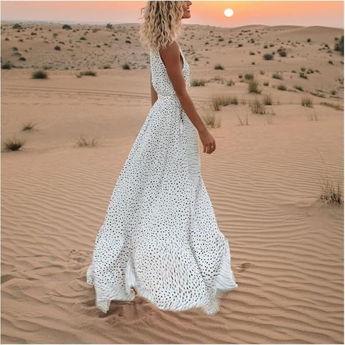 Boho Maxi Kjole Prikket V-Udskæring Løs Sommer