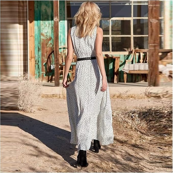Boho Maxi Kjole Prikket V-Udskæring Løs Sommer