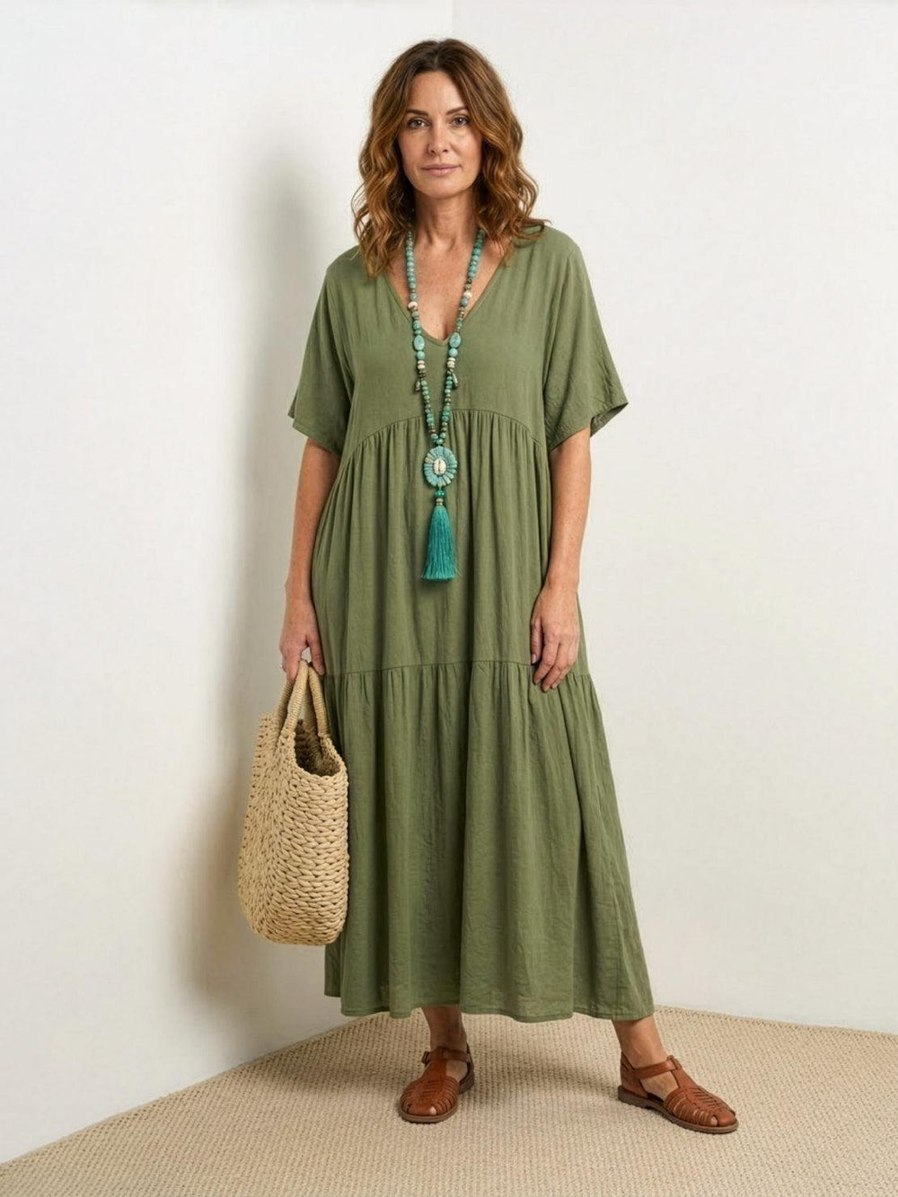Boho Maxi Kjole V-Udskæring Korte Ærmer Lagdelt - Army Green