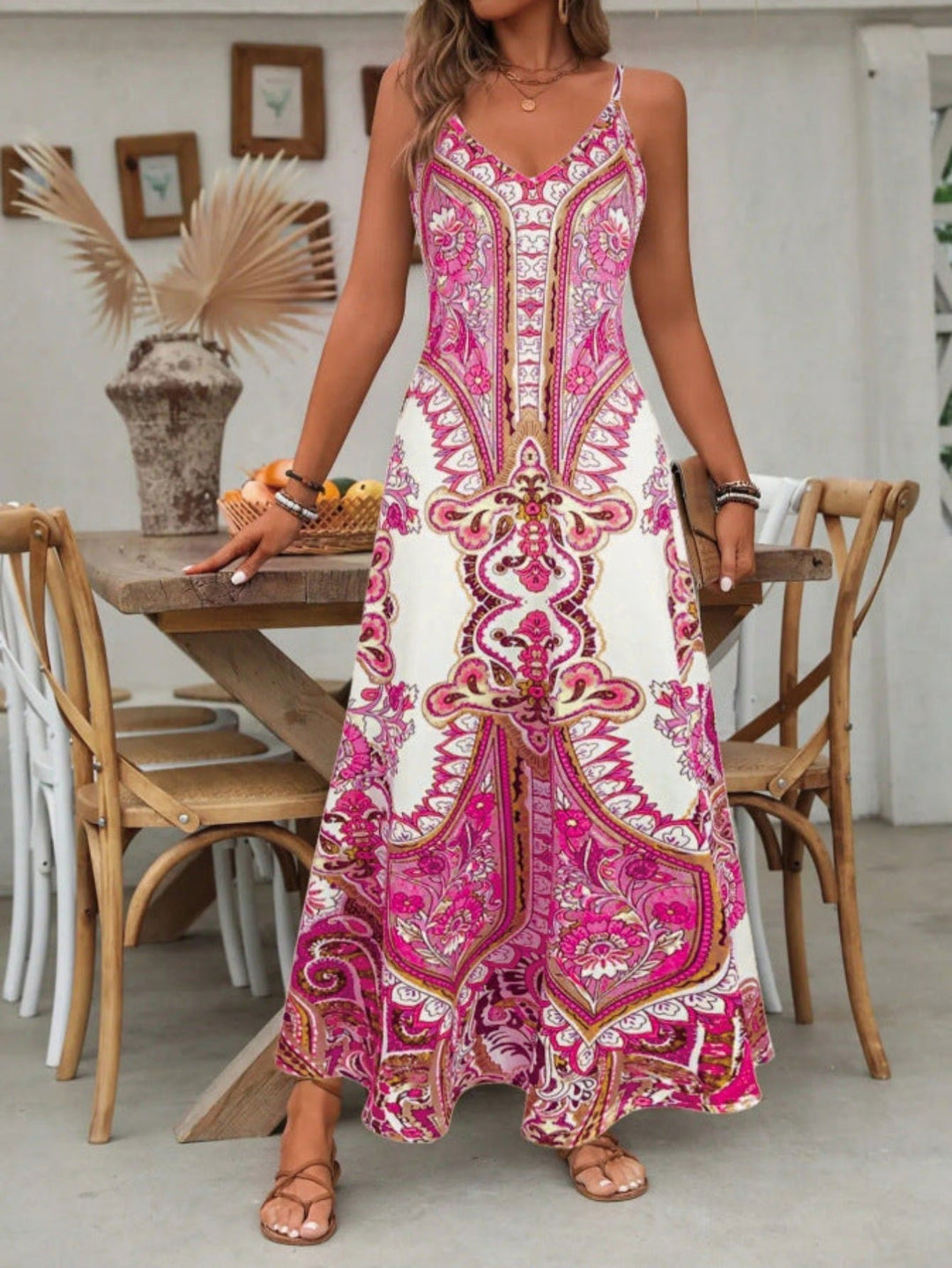 Boho Maxi Kjole V-Udskæring Paisley Print Stropper - Rose Red