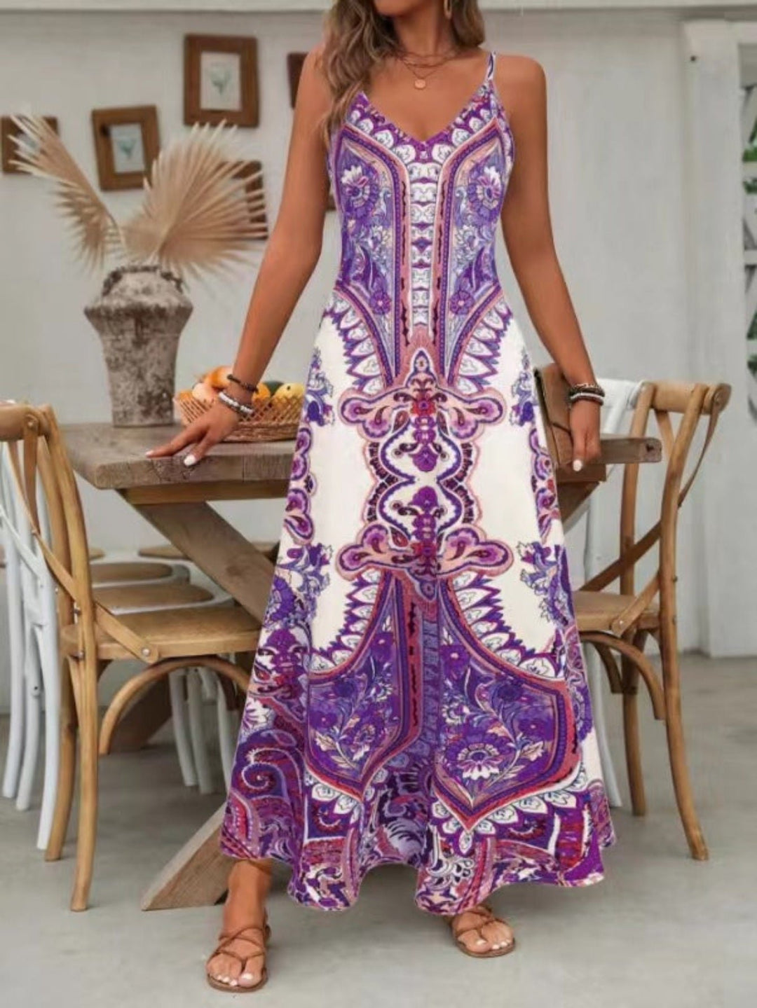 Boho Maxi Kjole V-Udskæring Paisley Print Stropper - Purple