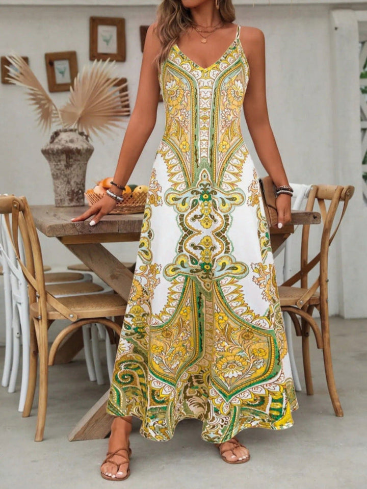 Boho Maxi Kjole V-Udskæring Paisley Print Stropper - Yellow