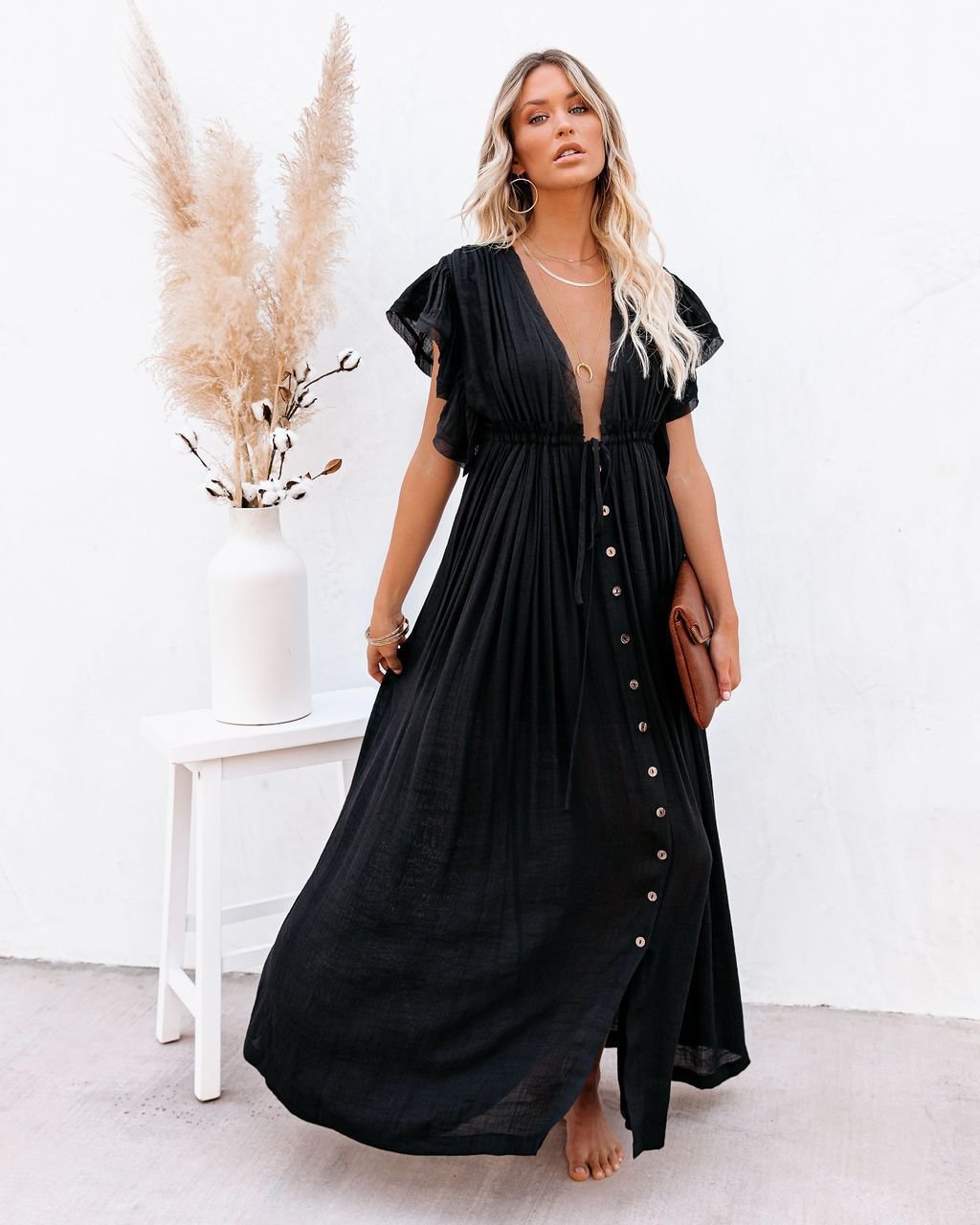 Boho Maxi Kjole V-udskæring Wrap Style Sommer - Black
