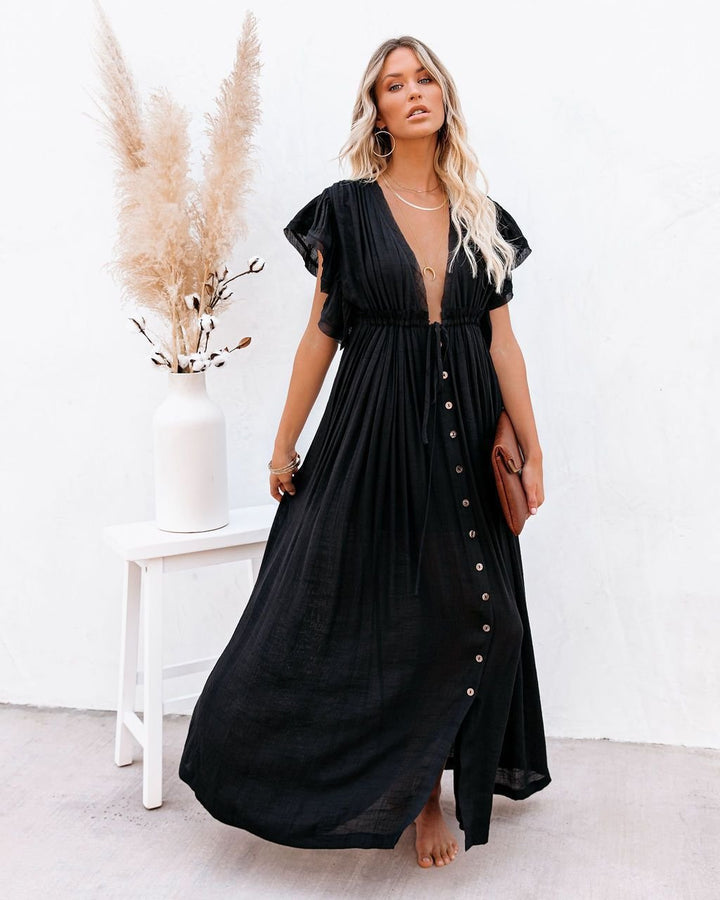 Boho Maxi Kjole V-udskæring Wrap Style Sommer - Black